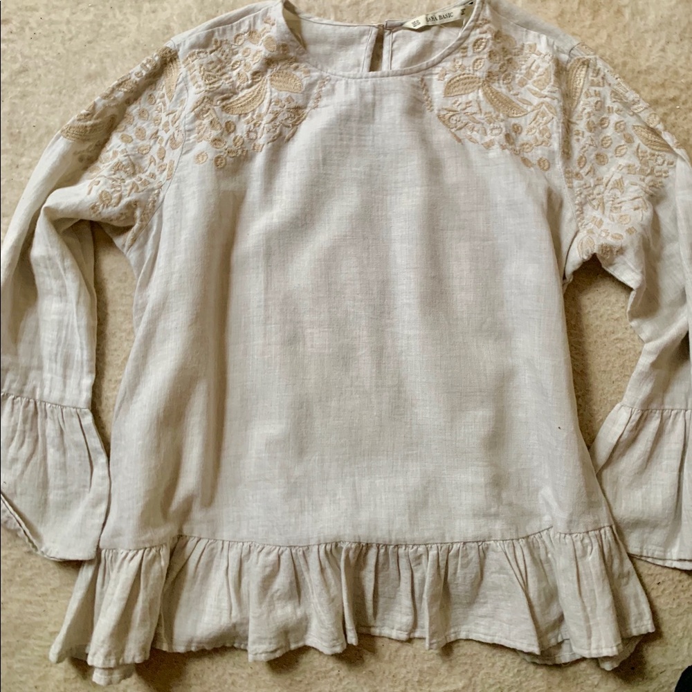 Zara embroidered shoulder top with ruffles